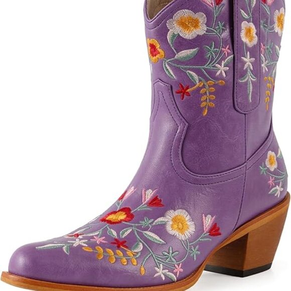 Cowgirl Boots Floral Snip Square Toe Western Cowboy Boots Chunky Heel Pull On - Picture 4 of 6